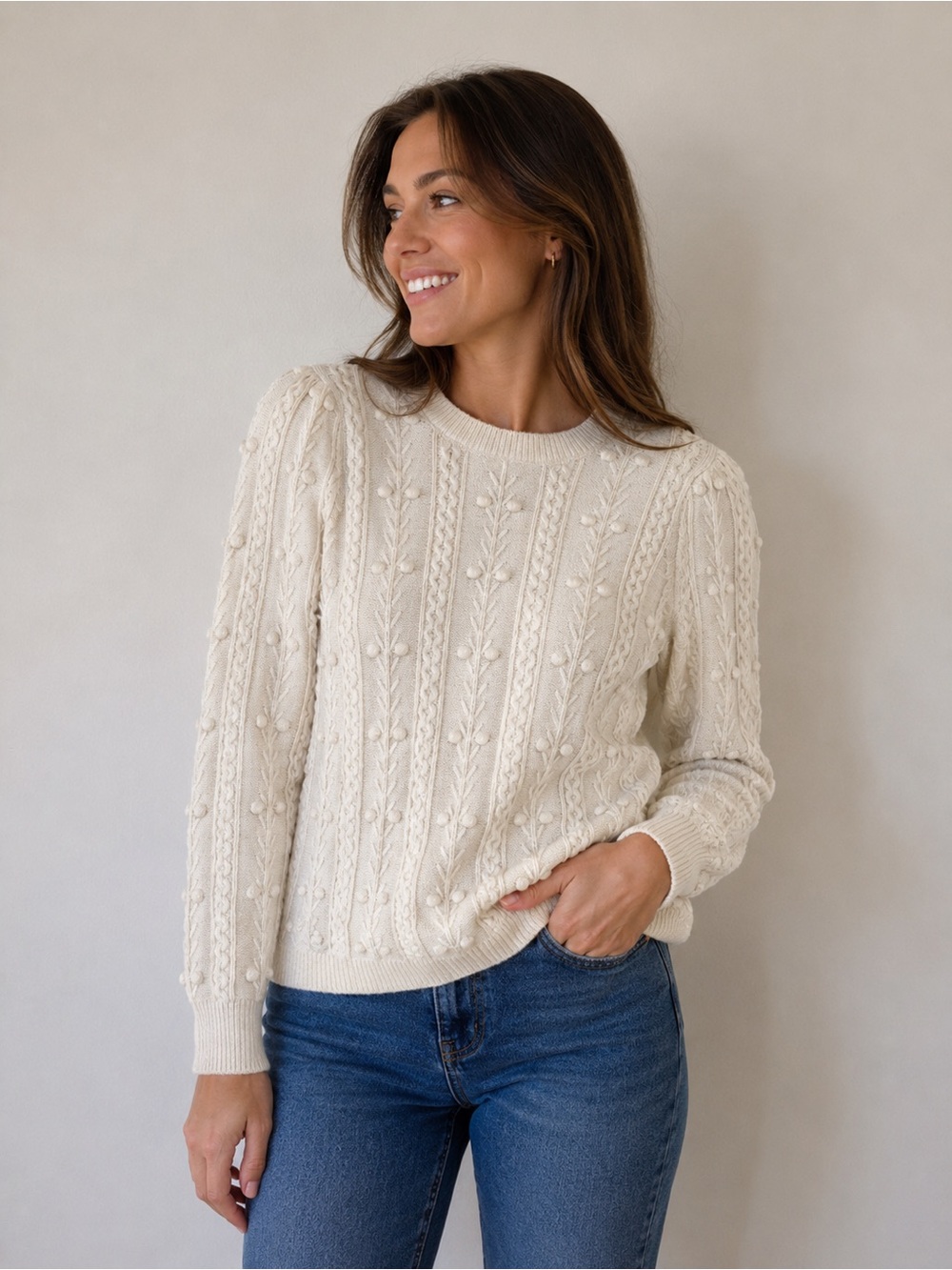 LOFT Cream Cable Knit Crew Sweater